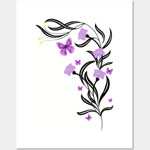 Floral Design Purple Butterflies Wall Art by Calmavibes
